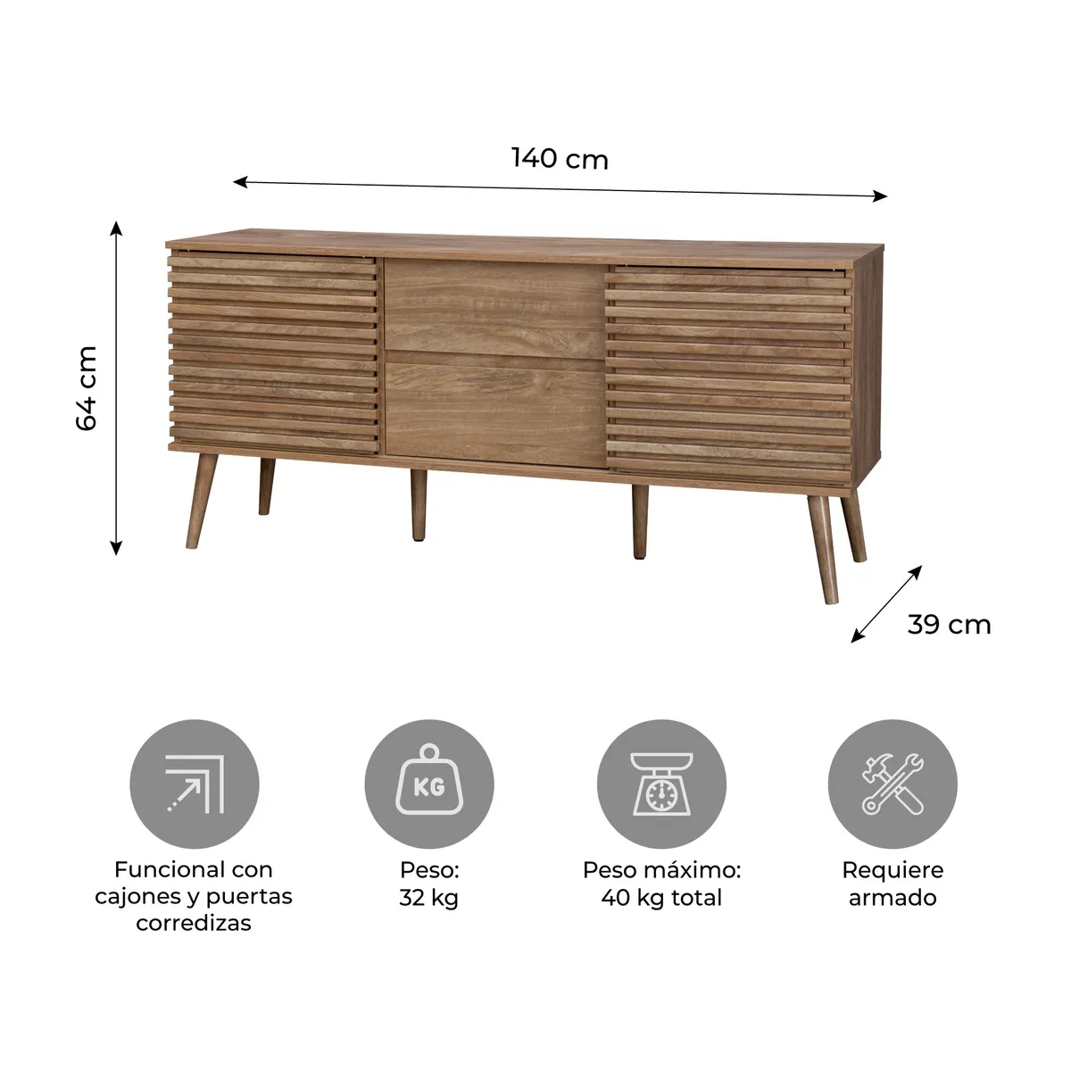 RELAN - Buffet Mueble Aparador Pensilvania  Relan Estilo Retro Con Puertas Corredizas Varilladas