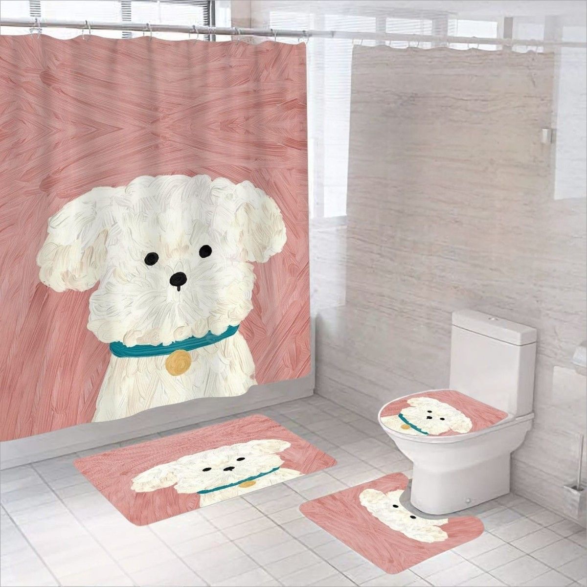 GENERICO - Pack Baño Cortina Impermeable + Kit Alfombras Diseño Perro