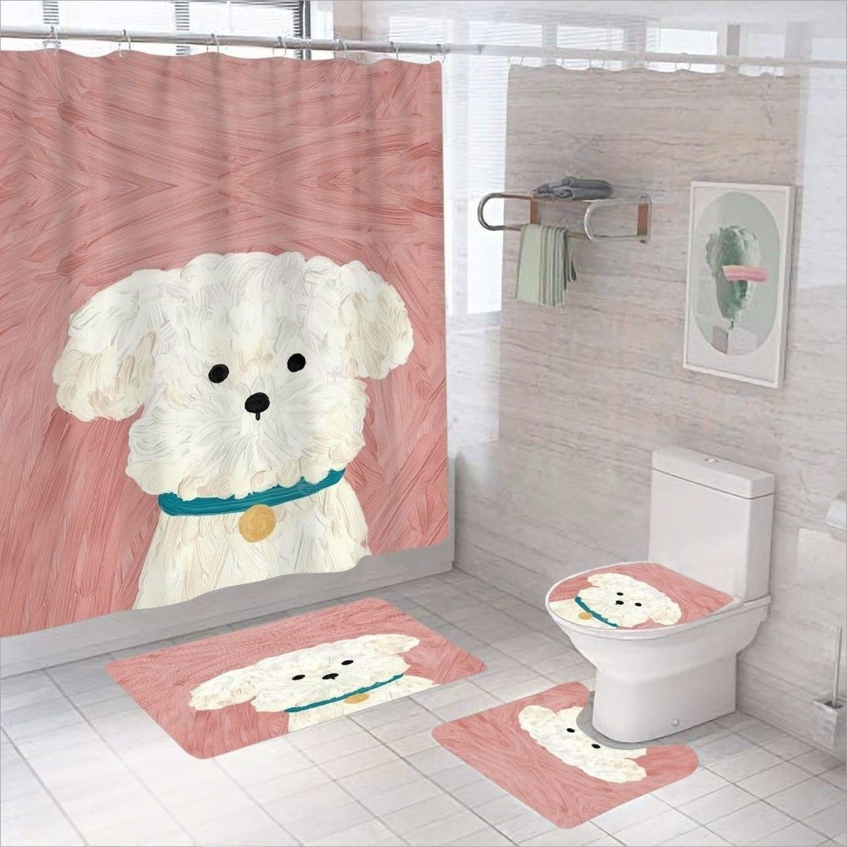 GENERICO - Pack Baño Cortina Impermeable + Kit Alfombras Diseño Perro