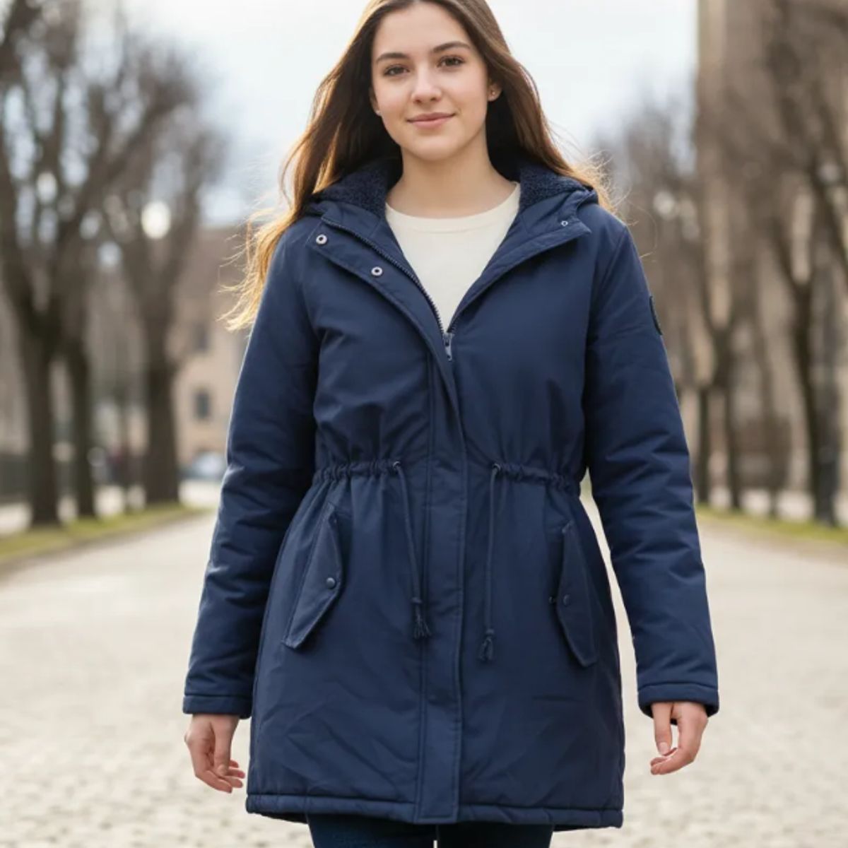 AGW - Parka Niña Juvenil Forrada Con Capucha Azul Marino Invierno
