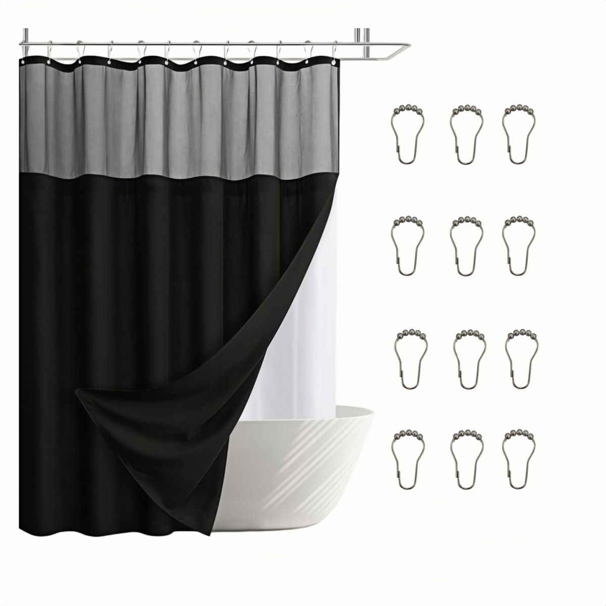 VIDA BUENAS - Cortina de Baño Impermeable 180x200cm con Forro y 12 Ganchos