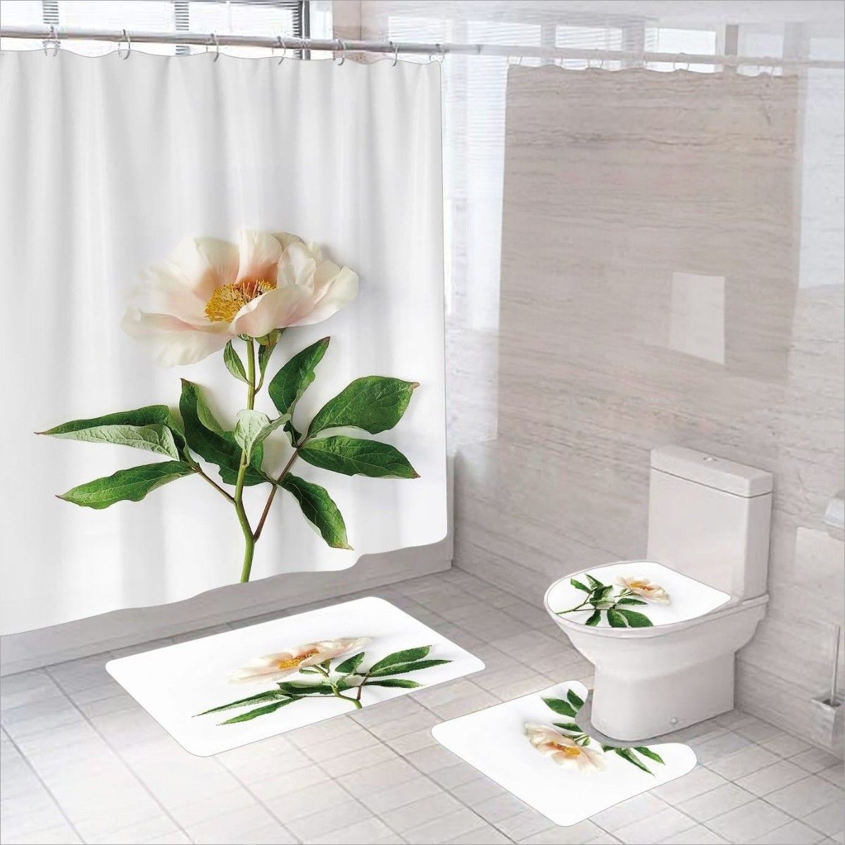 GENERICO - Set De Baño De 4 Piezas   Estampado De Peonías Blancas