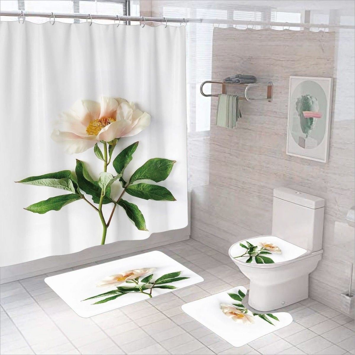 GENERICO - Set De Baño De 4 Piezas   Estampado De Peonías Blancas
