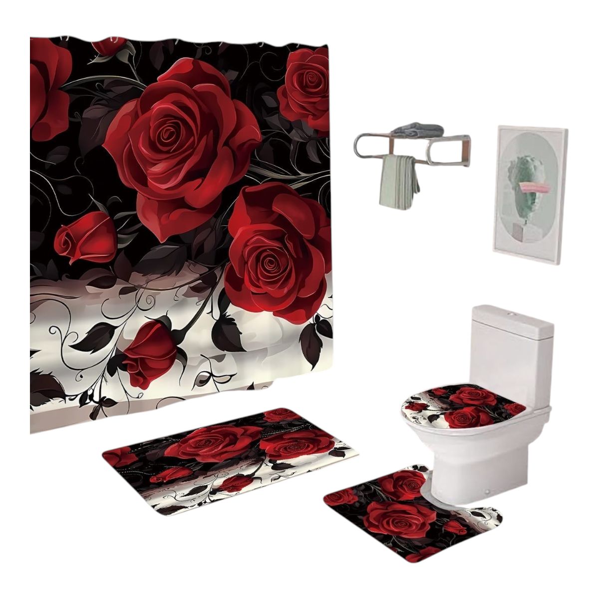GENERICO - Set De Baño De 4 Piezas   Estampado temático de rosas rojas