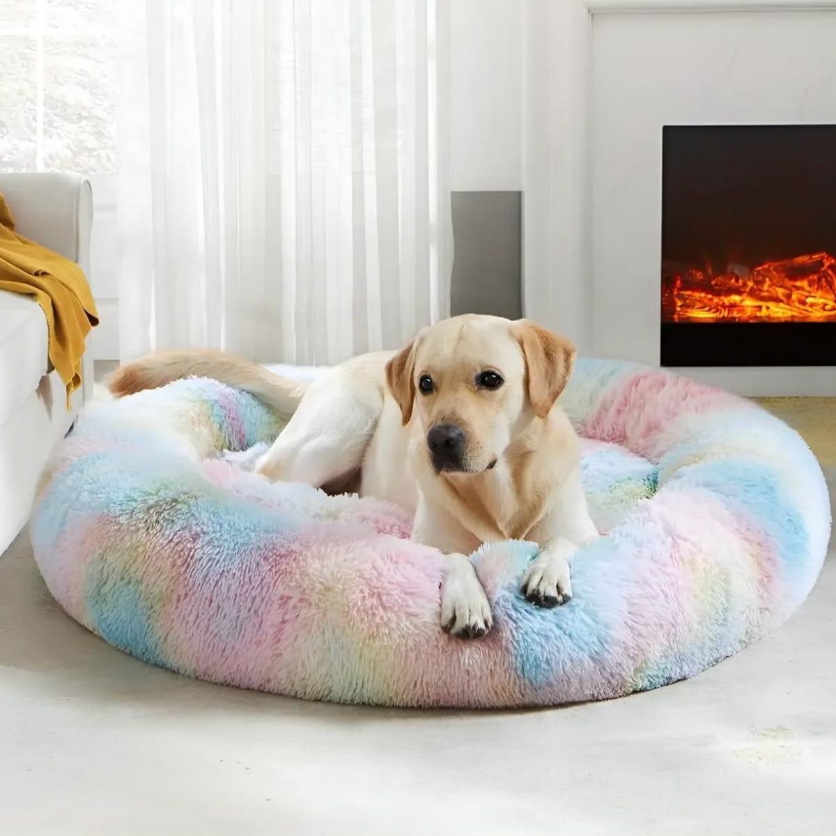 GENERICO - Cama de Felpa Peluda Antiestrés 100cm Para Mascotas Grandes Arcoíris