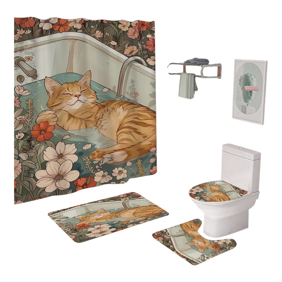 GENERICO - Set De Baño De 4 Piezas Estampado Gato Relajado