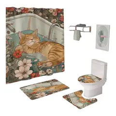 GENERICO - Set De Baño De 4 Piezas Estampado Gato Relajado