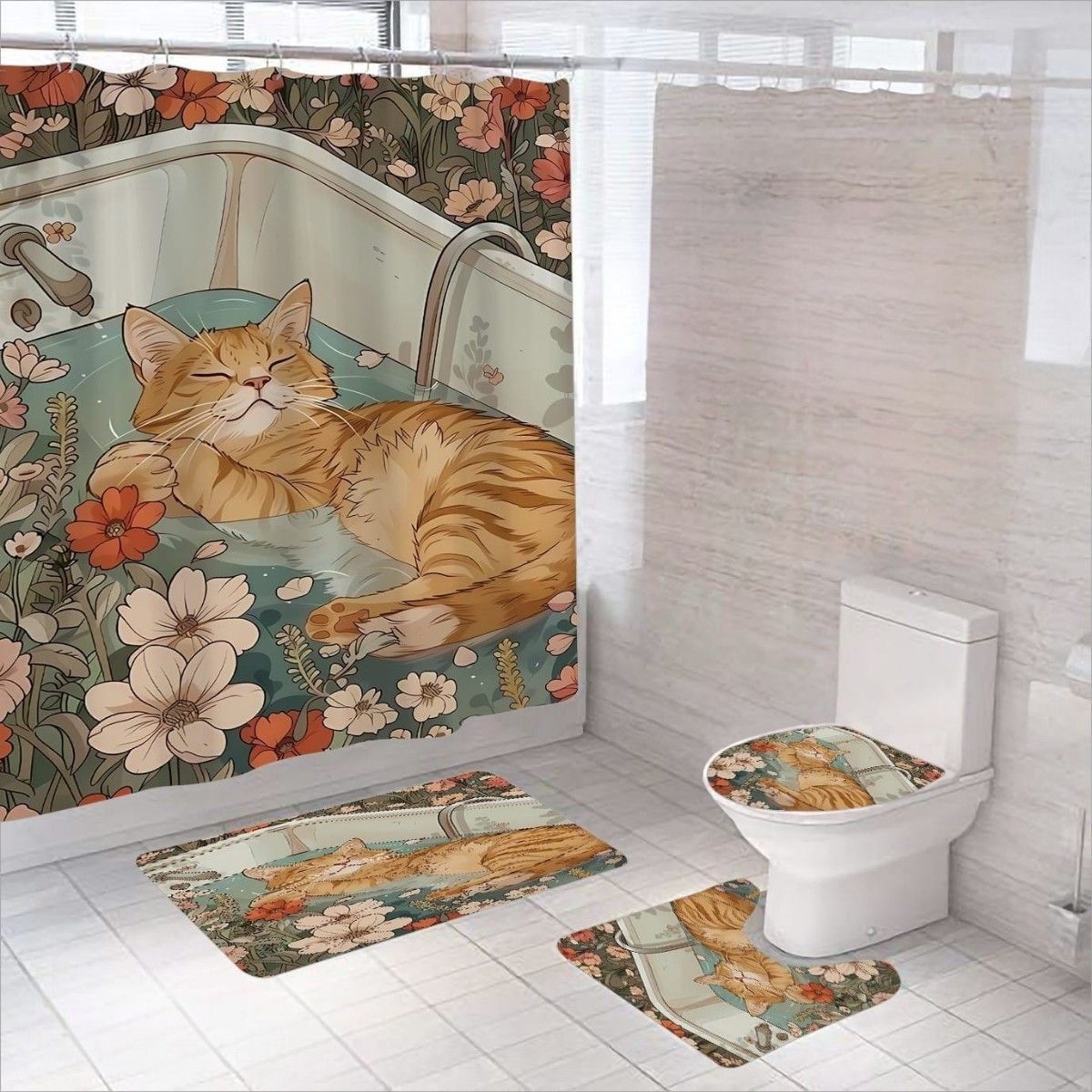 GENERICO - Set De Baño De 4 Piezas Estampado Gato Relajado