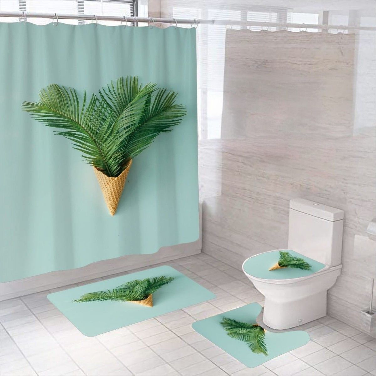 GENERICO - Set De Baño De 4 Piezas  Estampado hojas Verdes Y Cono De Helado