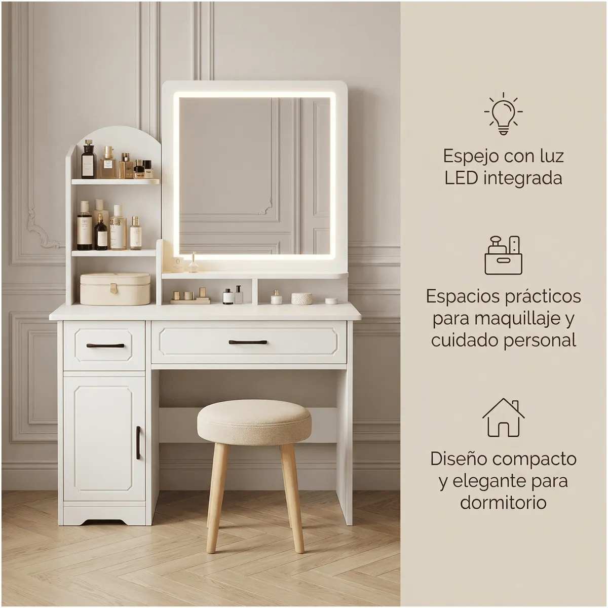 HOMER DESIGN - Tocador Espejo Con Luz Con Repisa Y Cajonera 137x80x40cm