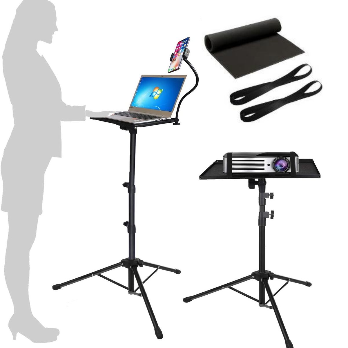 KUANGYE - Soporte trípode plegable para proyector portátil,altura ajustable 65 a 125cm+soporte para teléfono