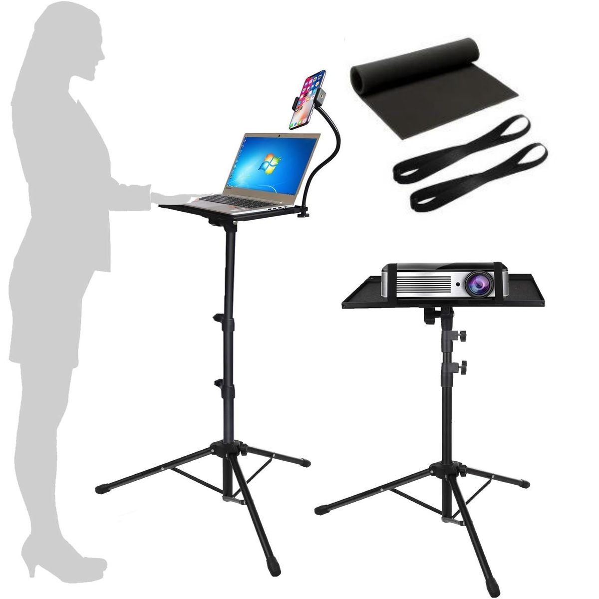 KUANGYE - Soporte trípode plegable para proyector portátil,altura ajustable 65 a 125cm+soporte para teléfono