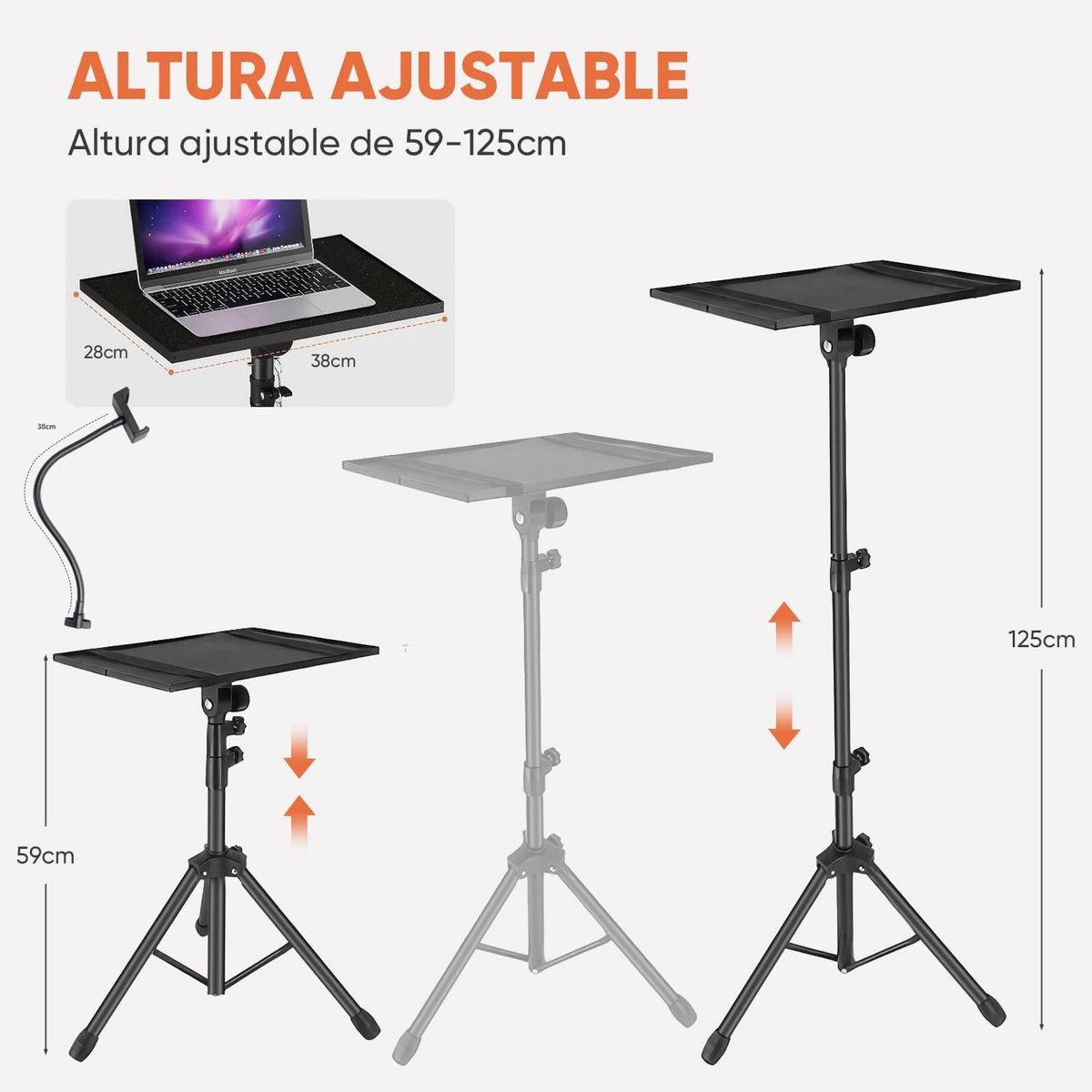 KUANGYE - Soporte trípode plegable para proyector portátil,altura ajustable 65 a 125cm+soporte para teléfono