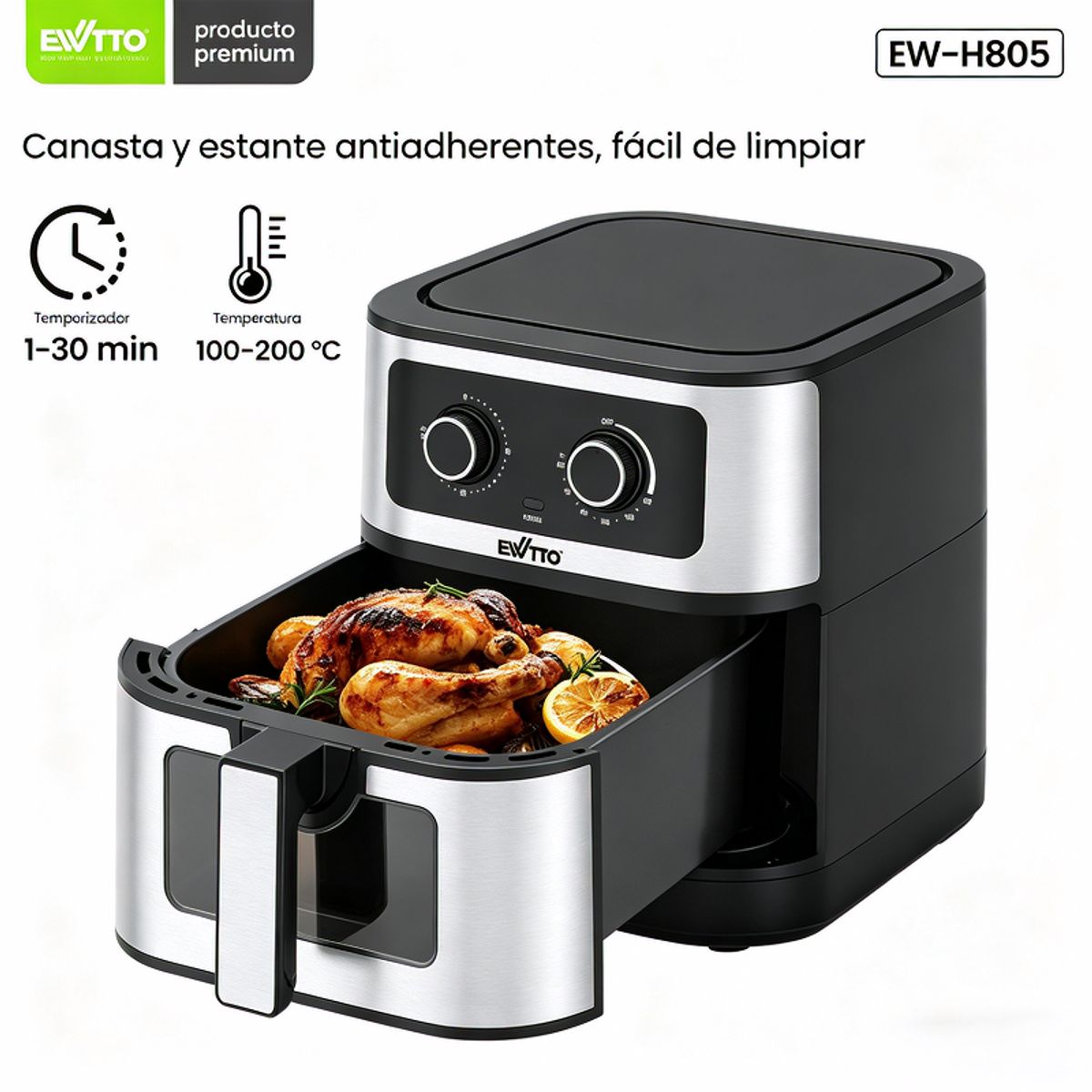 GENERICO - Freidora de Aire EWTTO EW-H805 6.7L  Acero Inoxidable, Ventana Visual, Doble Perilla