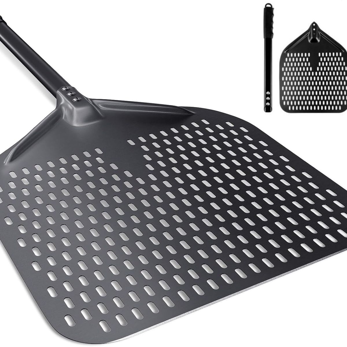 KUANGYE - 14pulgadas Pala Pizza perforad,cáscara profesional aluminio anodizado para pizza con Mango Retirable