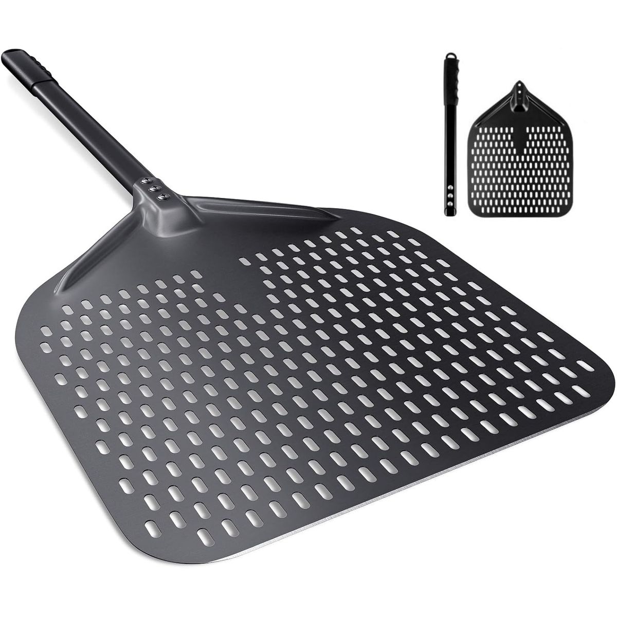 KUANGYE - 14pulgadas Pala Pizza perforad,cáscara profesional aluminio anodizado para pizza con Mango Retirable