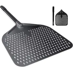 KUANGYE - 14pulgadas Pala Pizza perforad,cáscara profesional aluminio anodizado para pizza con Mango Retirable