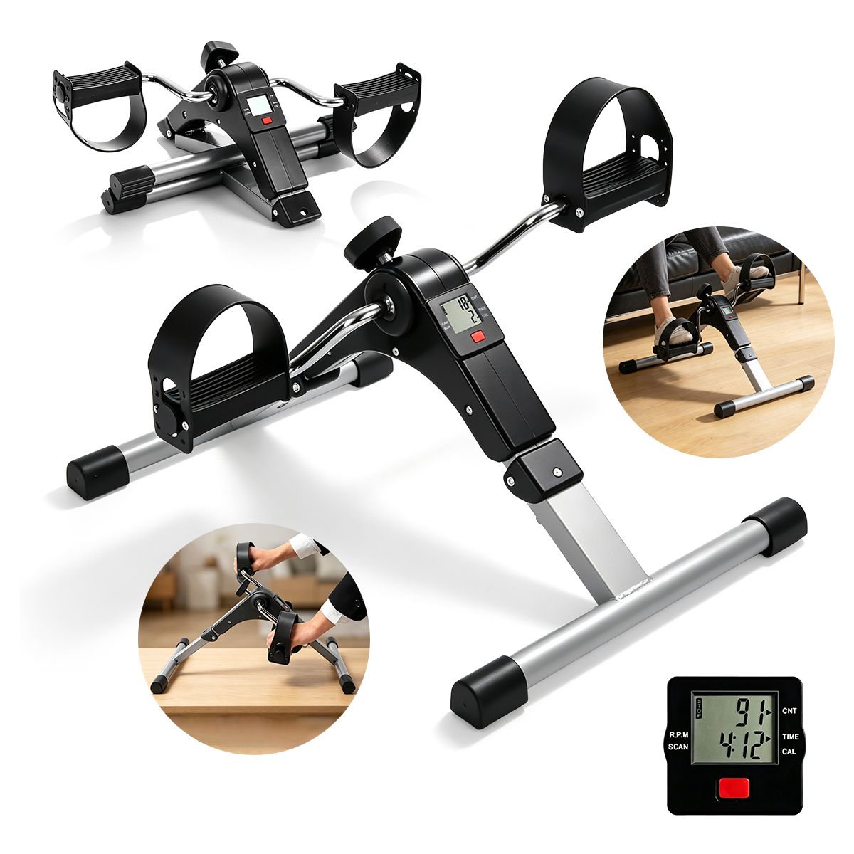 SUPERCENTER - Pedalera Portátil Plegable con pantalla LCD Ejercitador De Manos Y Pies con pedales para bicicleta