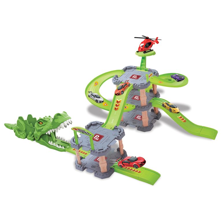 Pista de Dinosaurios con Estacionamiento 34 Piezas y 6 Autos + Helicoptero