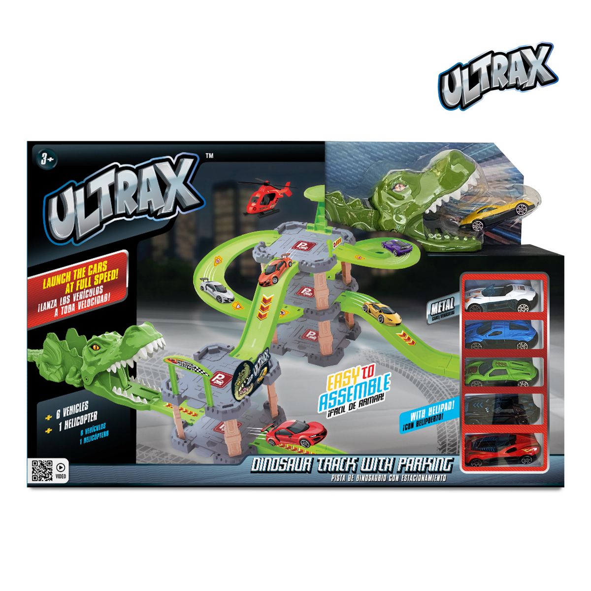 ULTRAX - Pista de Dinosaurios con Estacionamiento 34 Piezas y 6 Autos + Helicóptero