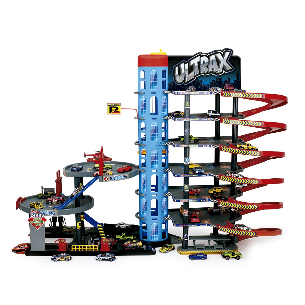 ULTRAX - Pista de Autos con Estacionamiento de 7 Niveles + 10 Autos y Helicóptero