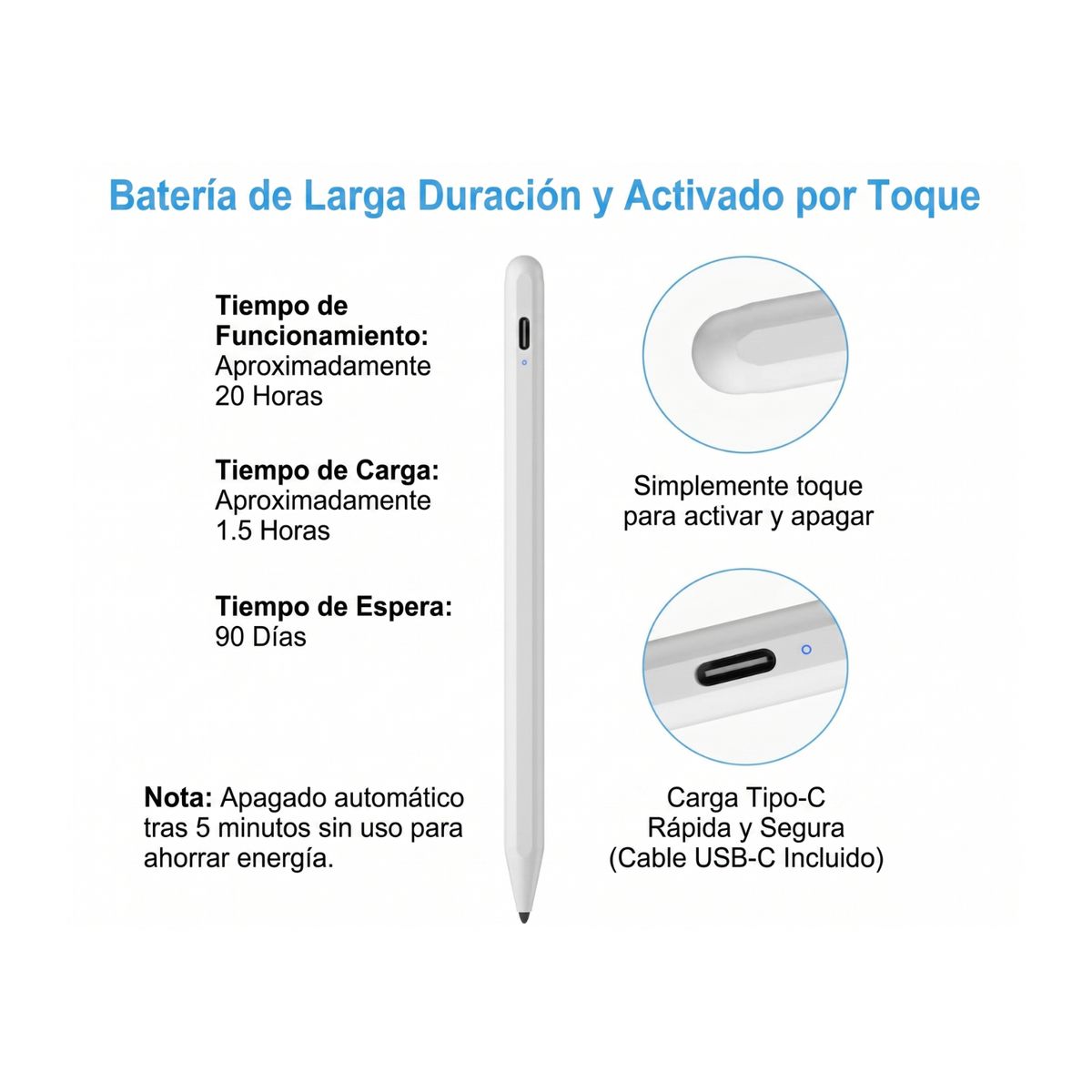 GENERICO - Lápiz Stylus Pen Activo Universal - Punta Fina 1.2mm con Rechazo de Palma y Carga USB-C