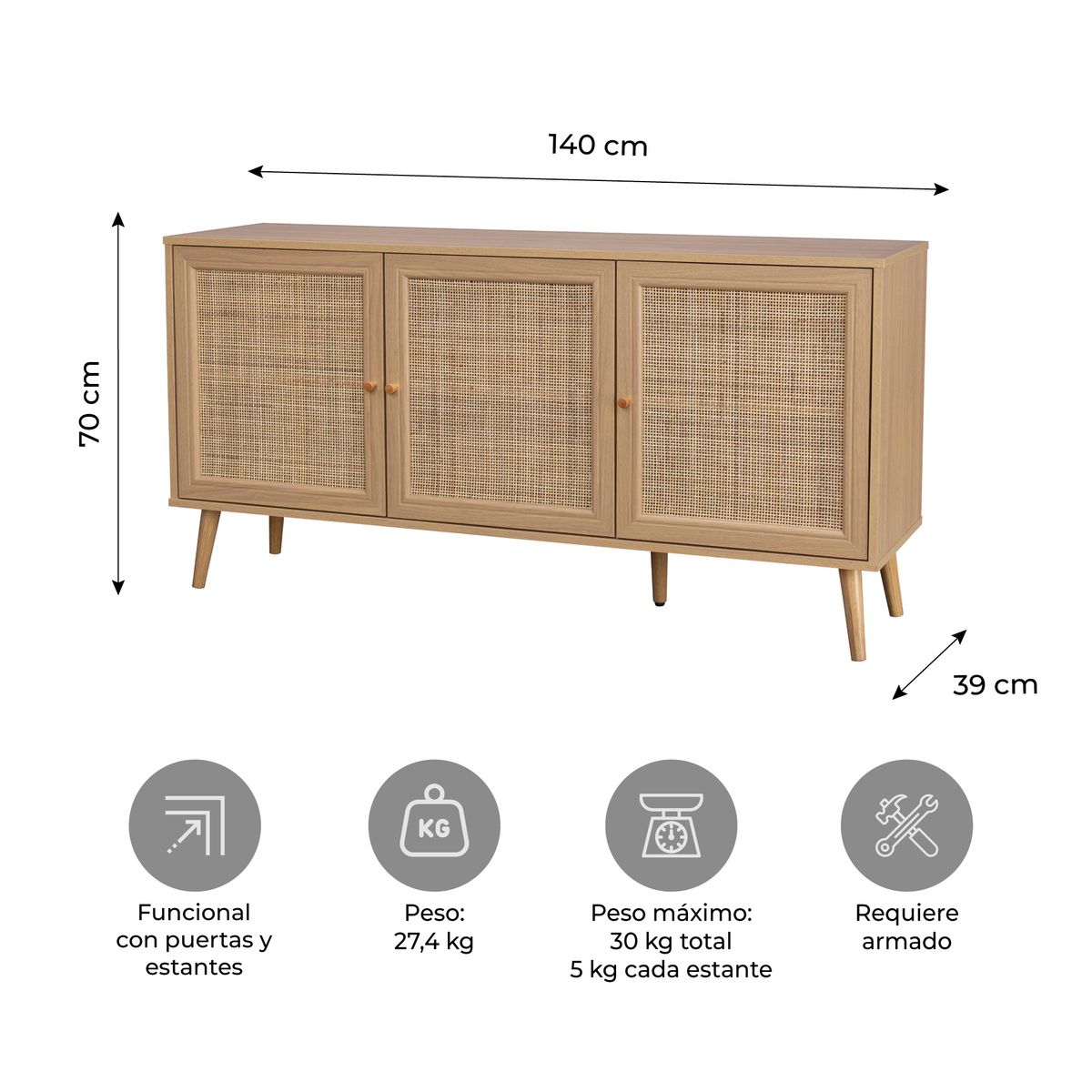 RELAN - Aparador Buffet Maui Relan Con 3 Puertas de Ratán 140 Cm Color Café Claro