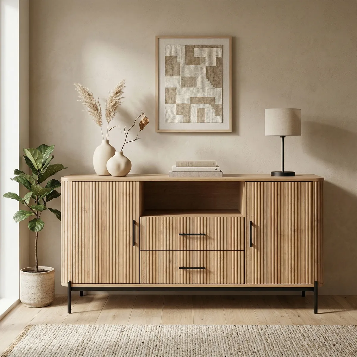 RELAN - Buffet Aparador Swell Relan Con Diseño Acanaldo Con Puertas y Cajones Color Café Claro
