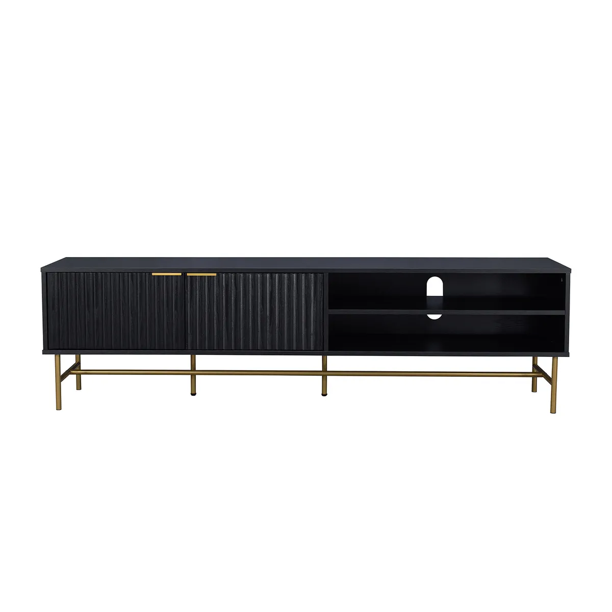 RELAN - Rack TV Queens Relan Estilo Madera Roble Negra Diseño Acanalado Con Puertas y Estantes 180 Cm