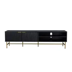 RELAN - Rack TV Queens Estilo Madera Roble Negra Diseño Acanalado Con Puertas y Estantes 180 Cm