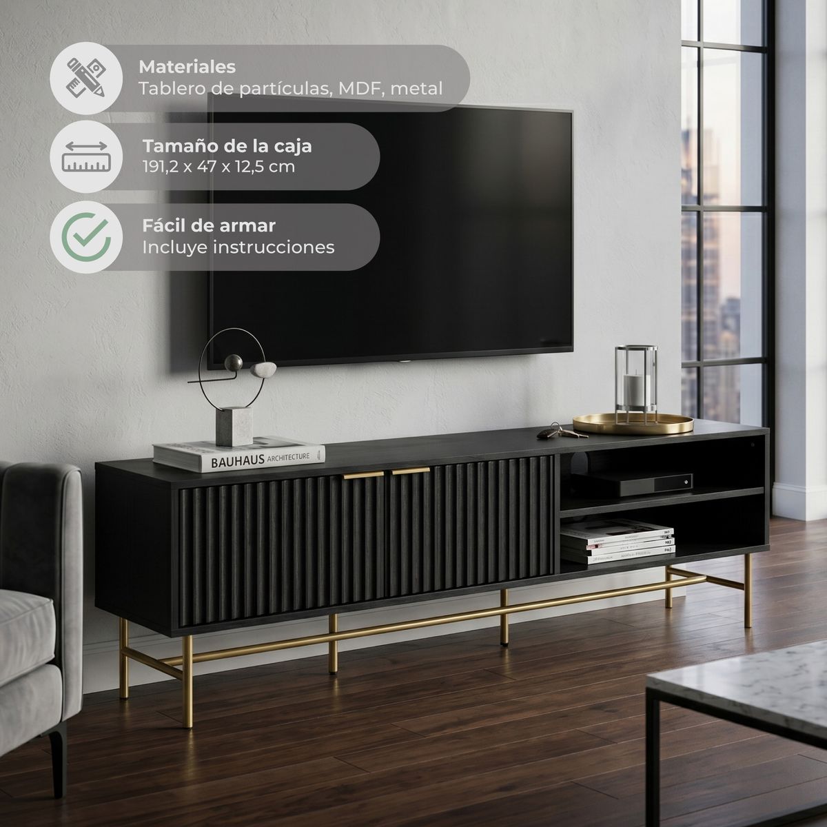 RELAN - Rack TV Queens Relan Estilo Madera Roble Negra Diseño Acanalado Con Puertas y Estantes 180 Cm