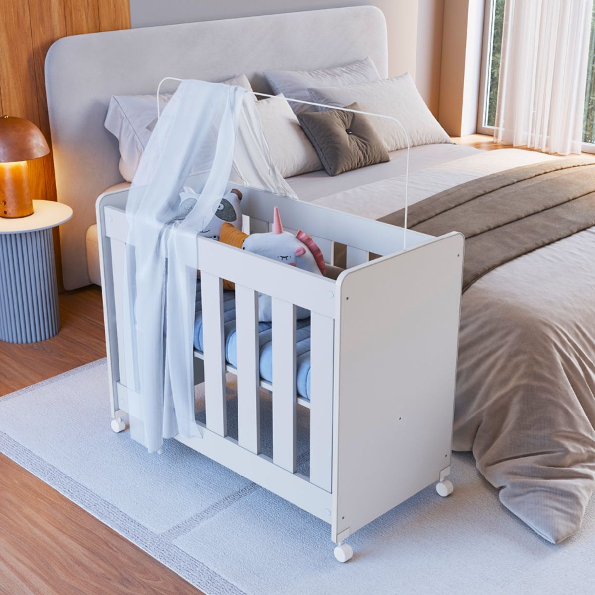 KIDSCOOL - Minicuna Evolutiva 4 en 1 Blanca - Incluye Colchón y Mosquitero