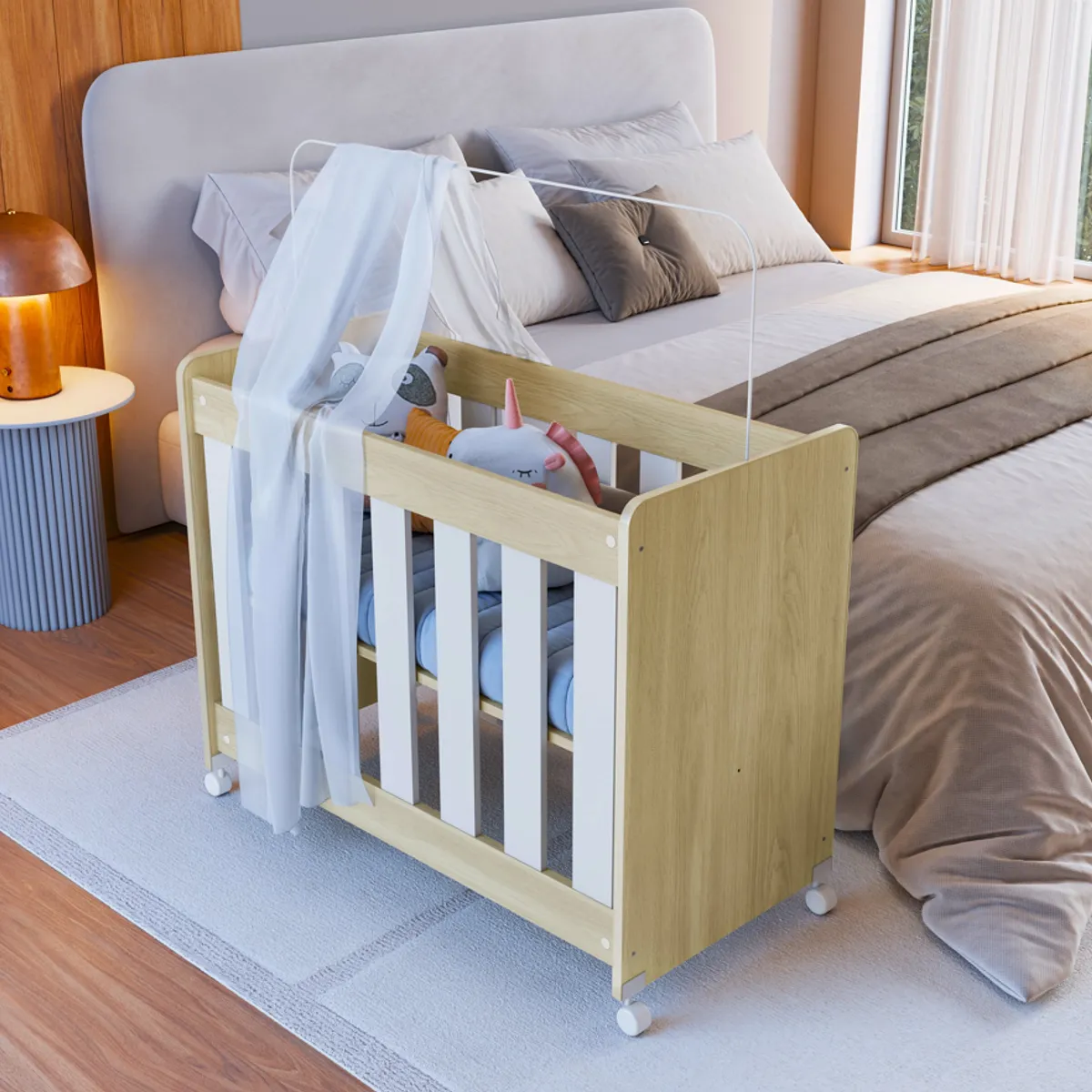 KIDSCOOL - Minicuna Evolutiva 4 en 1 Madera Blanco - Incluye Colchón y Mosquitero