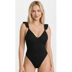 HAMI BOUTIQUE - Traje de Baño Entero Negro con Textura Canale y Tirantes con Volantes