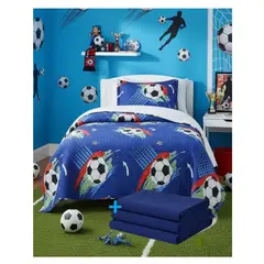 ALMA & DECO - Pack Cubrecama Sherpa + Sábanas Polar Invierno 1.5 Plazas Fútbol Azul