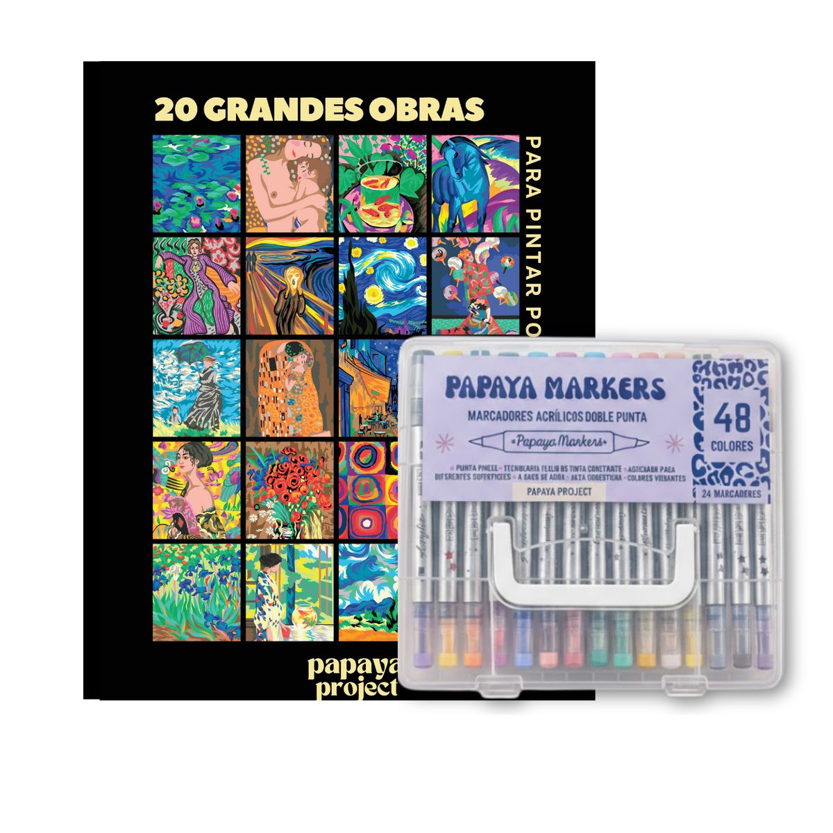 PAPAYA PROJECT - PACK LIBRO PARA PINTAR POR NÚMEROS 20 GRANDES OBRAS + 24 MARCADORES ACRÍLICOS DOBLEPUNTA (48 COLORES