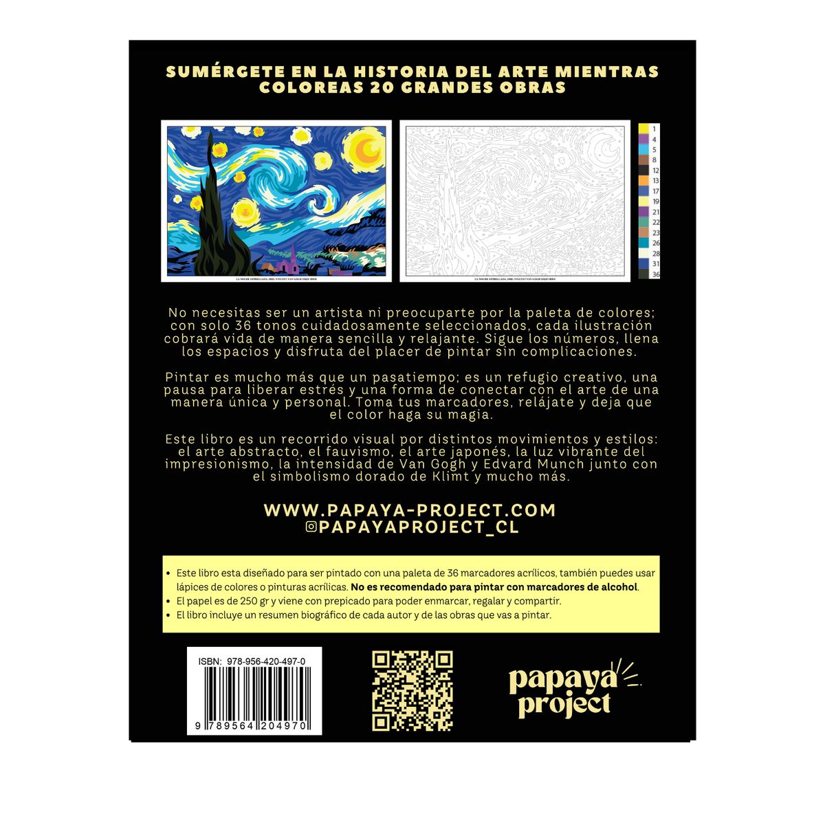 PAPAYA PROJECT - PACK LIBRO PARA PINTAR POR NÚMEROS 20 GRANDES OBRAS + 24 MARCADORES ACRÍLICOS DOBLEPUNTA (48 COLORES