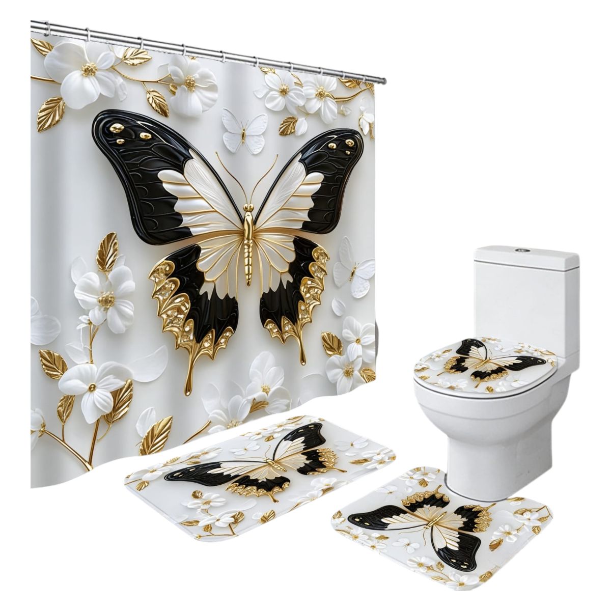 GENERICO - Conjunto De Baño De 4 Piezas Diseño De Mariposa Negra Y Dorada