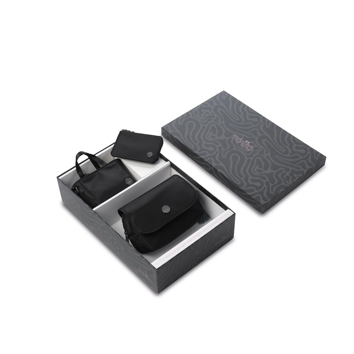 TOTTO - Kit Corneana 2 Riñonera+Cosmetiquera+Monedero+Postal Negro