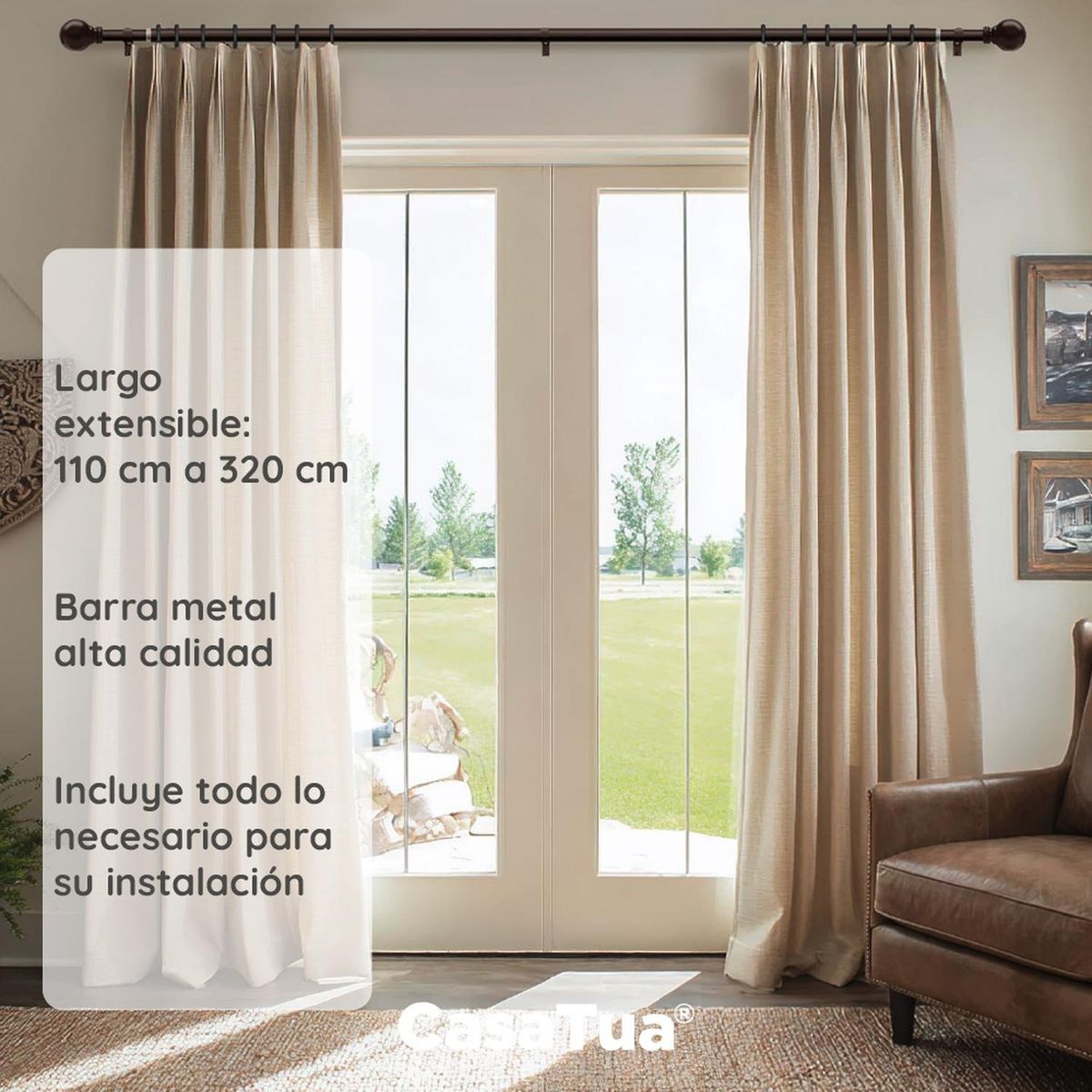 CASATUA - Barra Cortina CasaTua Extensible 110 a 320 cm Con Soportes - Cafe - 110 a 320 cm