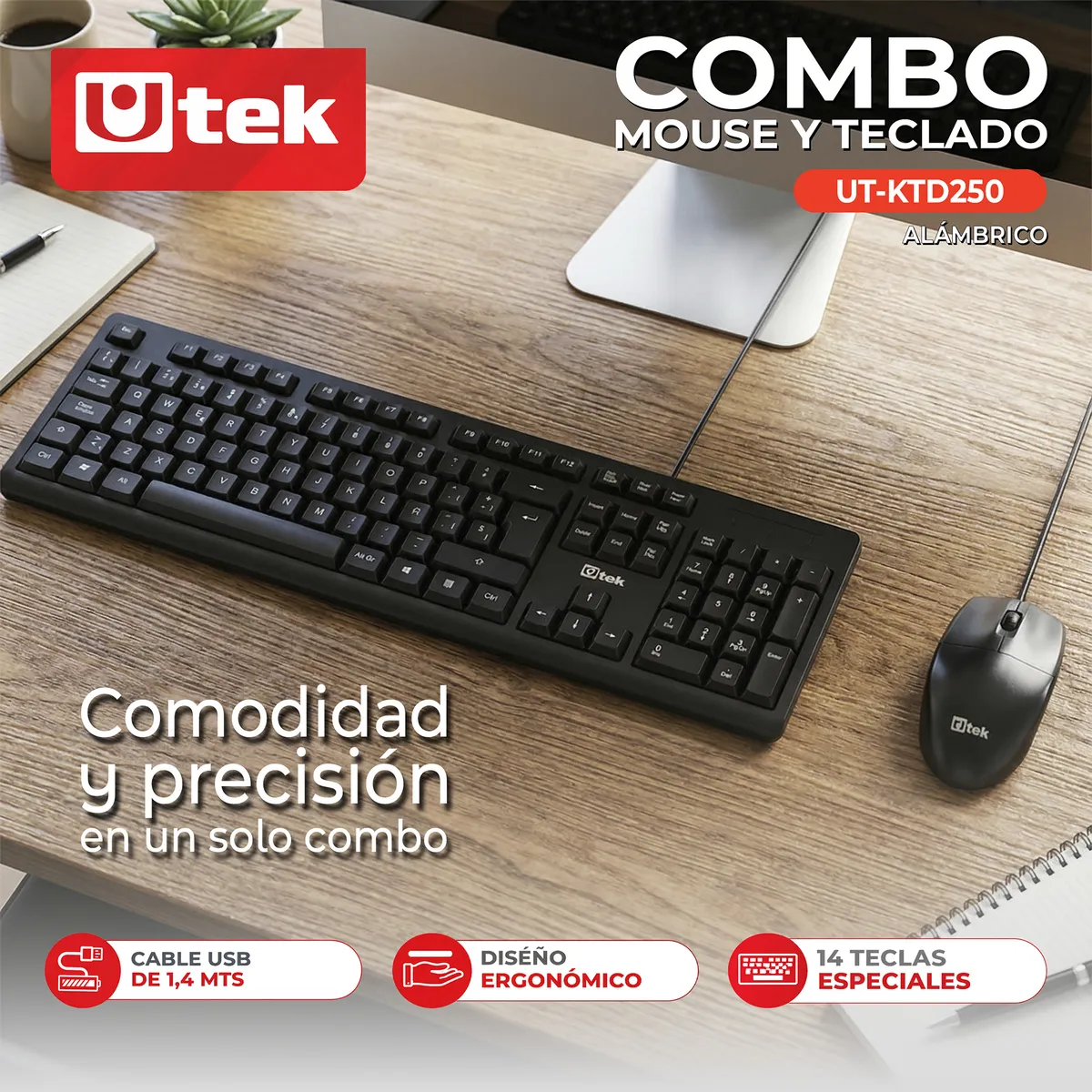 UTEK - Kit Teclado Y Mouse Alámbrico USB Utek UT-KTD250 Español Con Ñ