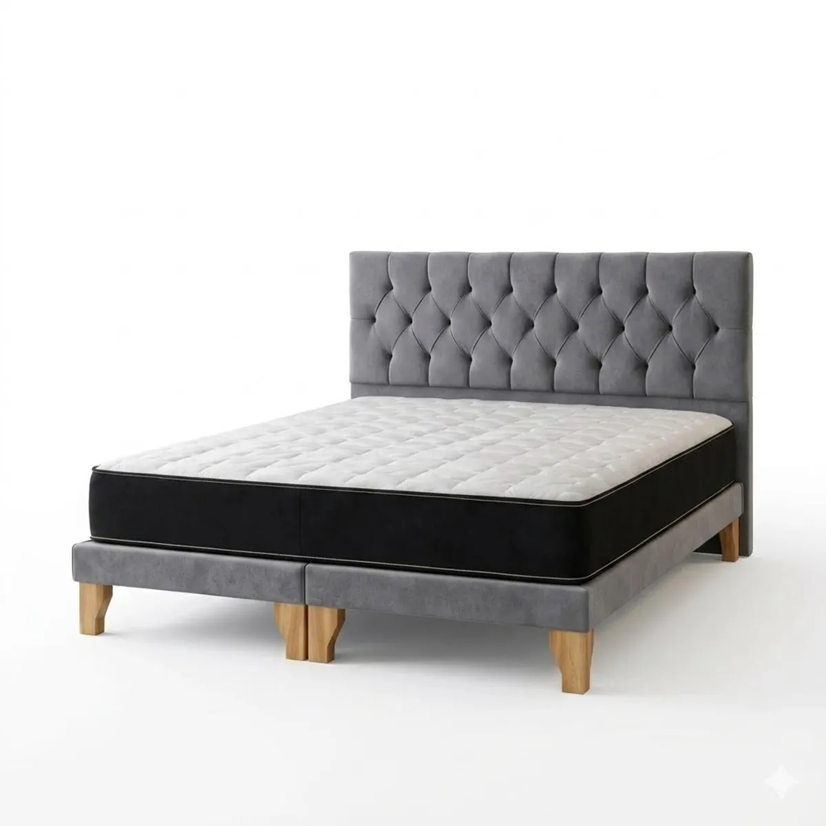 GENERICO - Set Cama 2 Plazas con Colchón + Box Tapizado + Respaldo Capitone gris