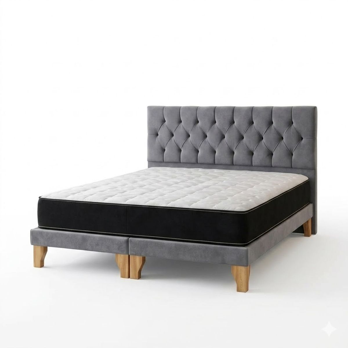 GENERICO - Set Cama 2 Plazas con Colchón + Box Tapizado + Respaldo Capitone gris