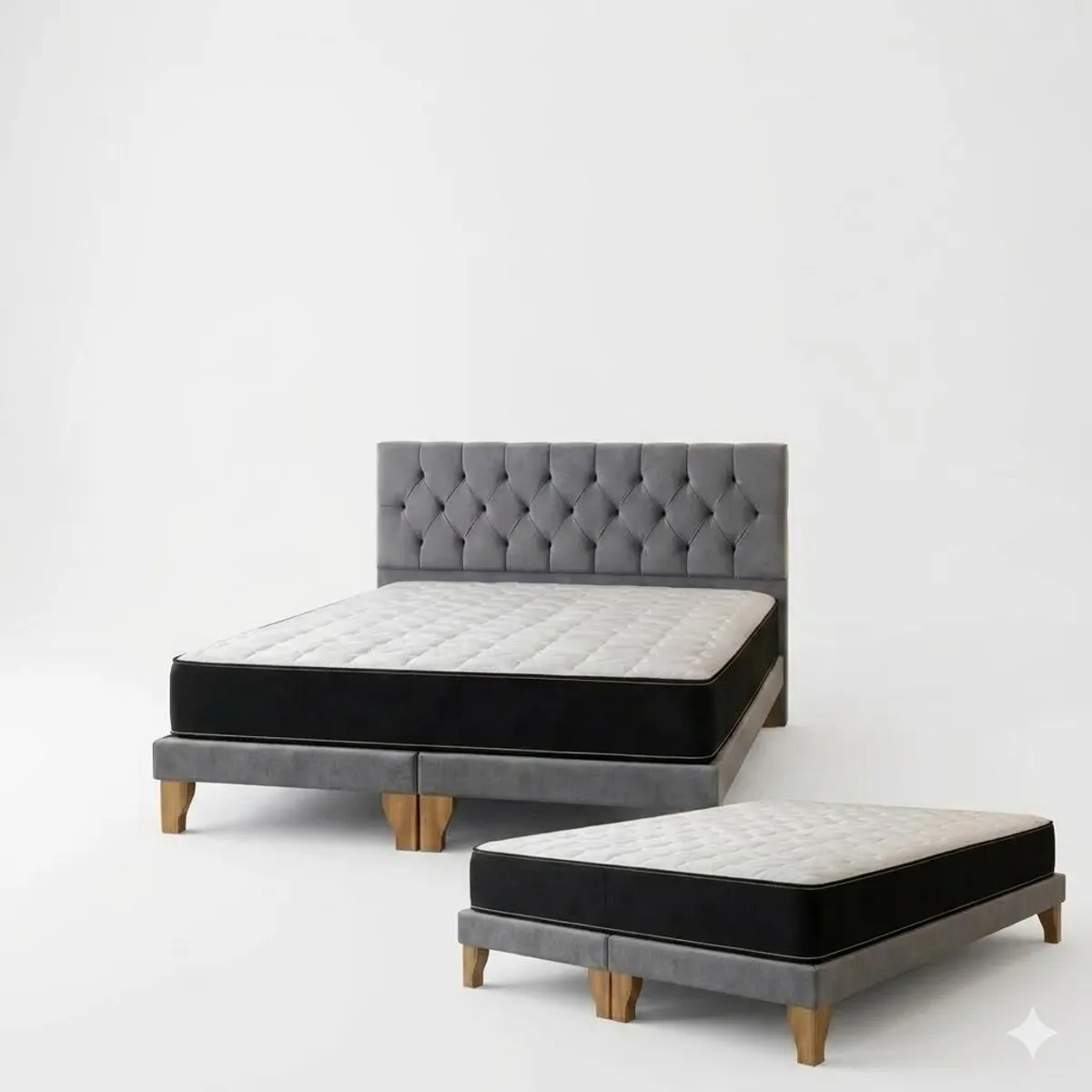 GENERICO - Set Cama 2 Plazas con Colchón + Box Tapizado + Respaldo Capitone gris
