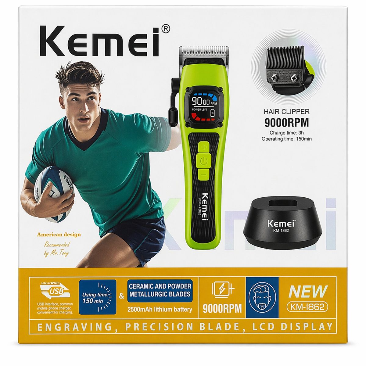 GENERICO - Máquina Corta Pelo Profesional Kemei Clipper-1862 Color Verde