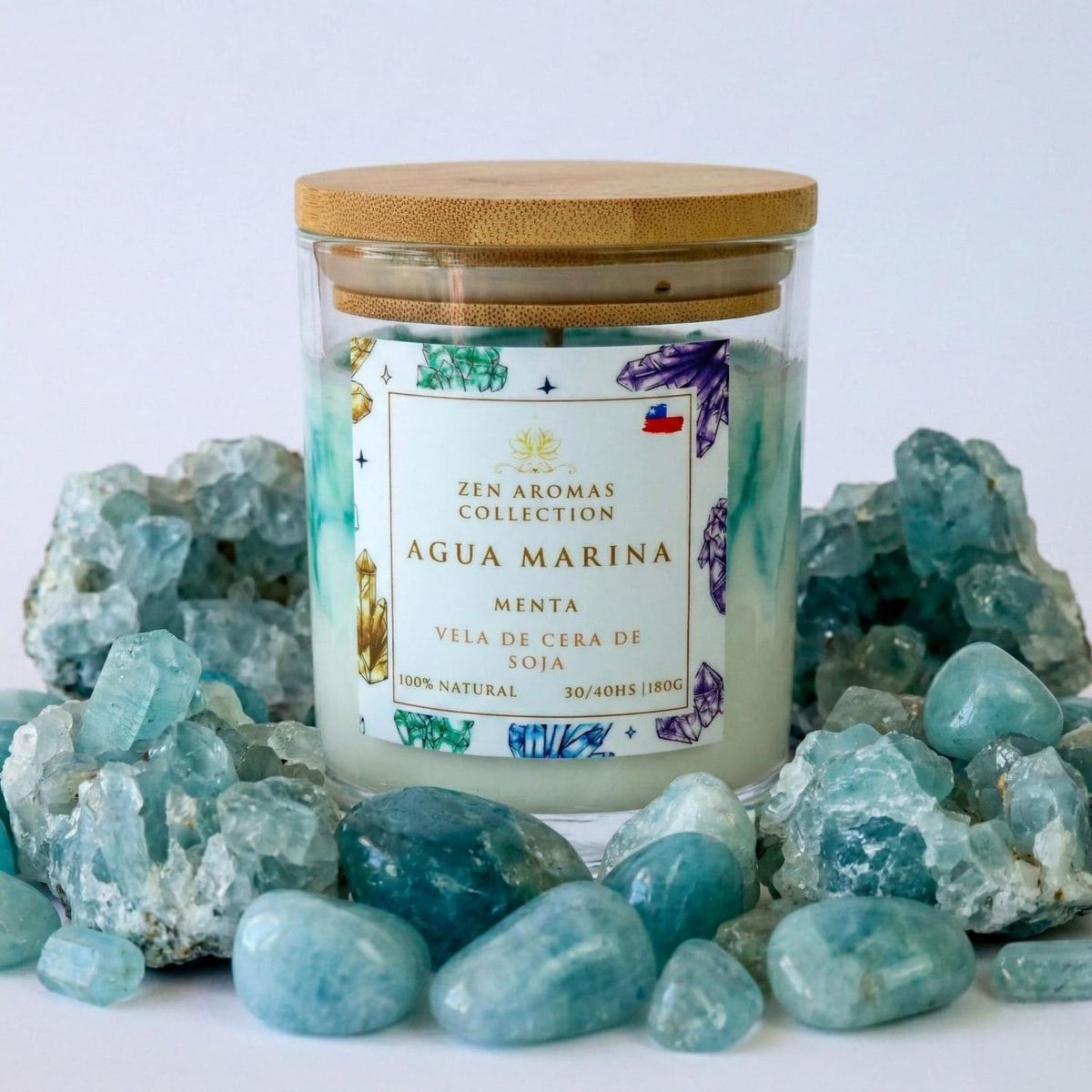 GENERICO - Vela Aromática Terapéutica Zen Aromas Aroma Menta y cuarzo Agua Marina de Cera de soja 180 gr