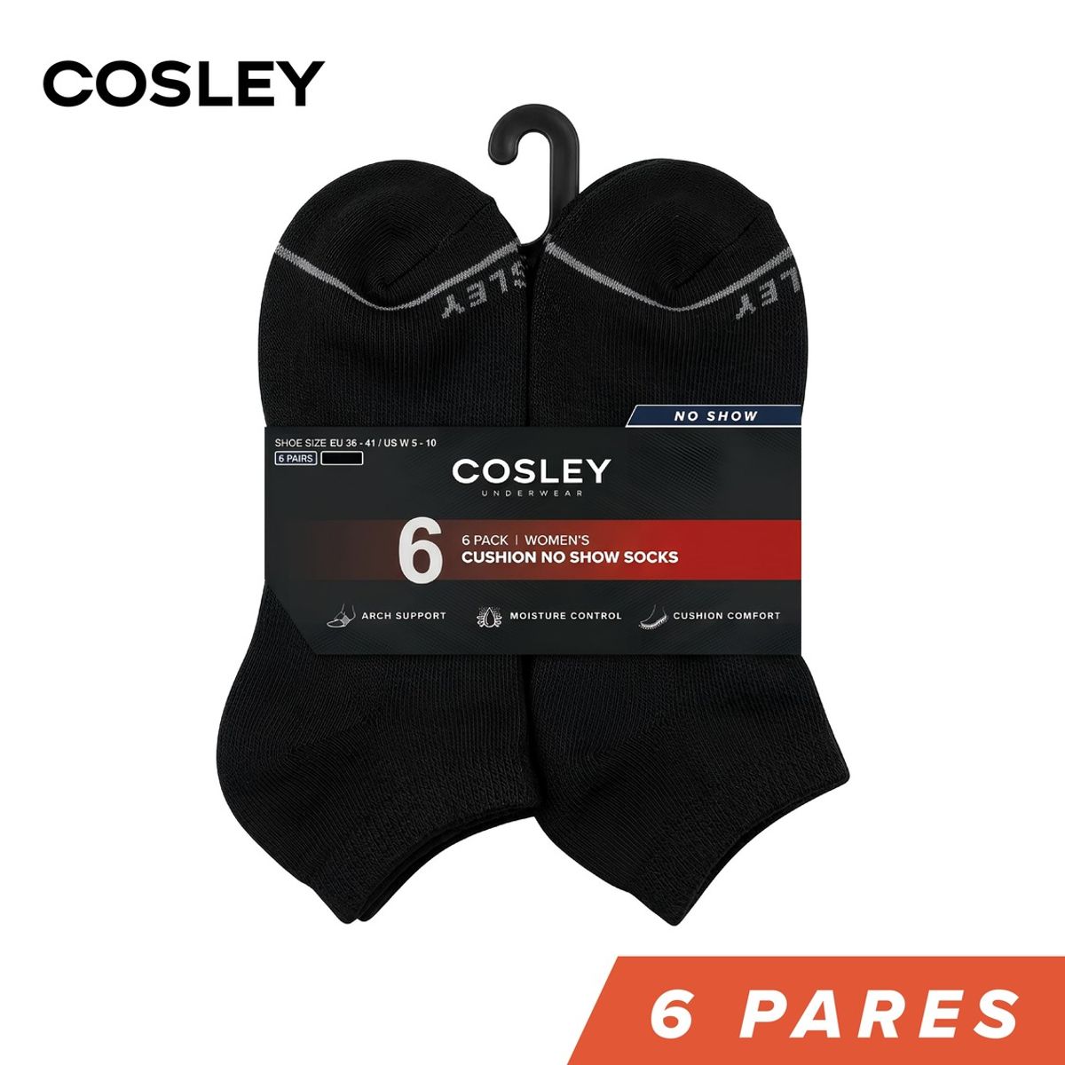 COSLEY - Calcetines Mujer Cushion No Show Black Cosley Pack 6 Kiosclub