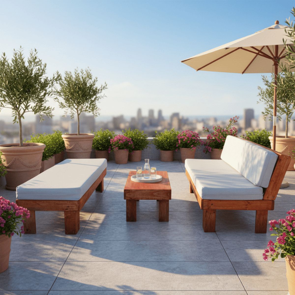 GENERICO - Set Living Juego de Terraza Madera Seccional en L con Mesa de Centro