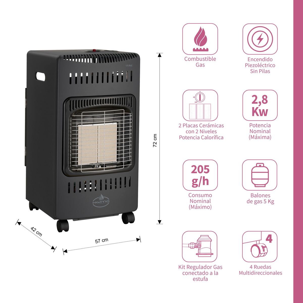 Estufa a Gas Interior 5 Kg 2,8 Kw VARME Black, marca KLYMA - Foto 2