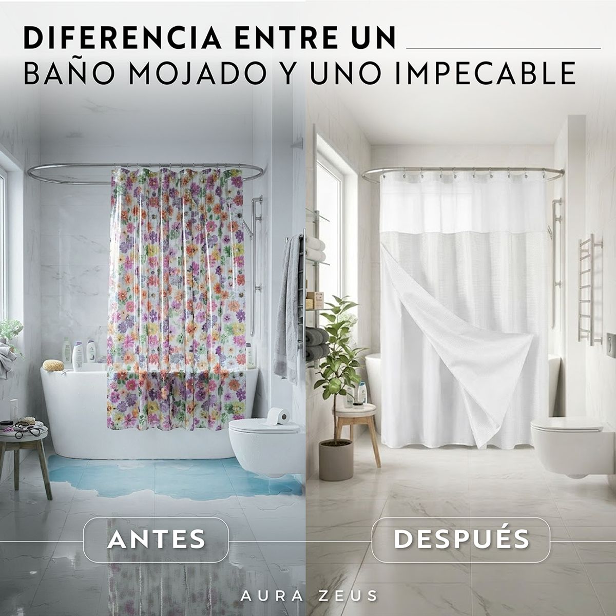 AZ AURAZEUS - Cortina De Baño Diseño Impermeable + Forro Y 12 Ganchos Blanco AZ 180 x 180 Cm